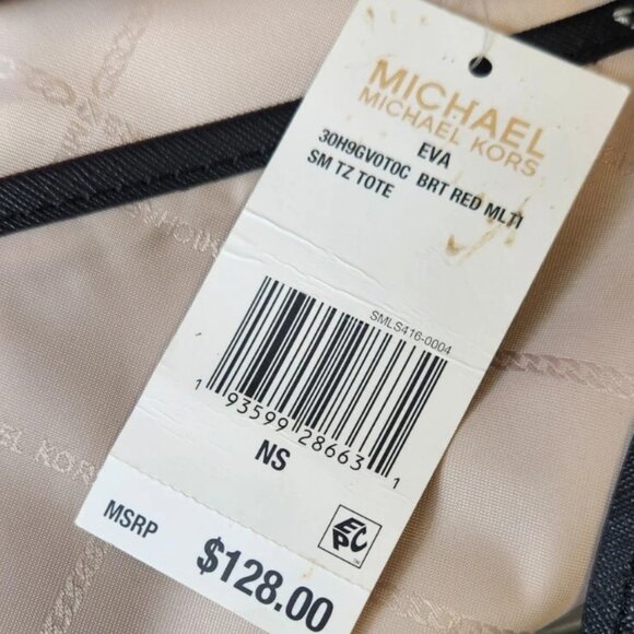 New Michael Kors Eva Top Zip Multi Pocket Small Tote Black Red NS Read - Picture 4 of 13